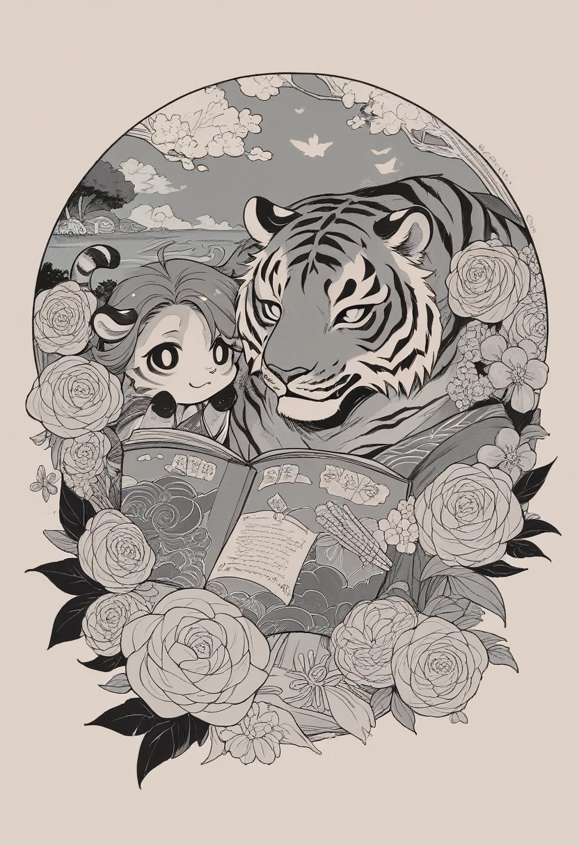 Tiger, superlativo,solamente, flower line drawing background, fondo blanco, monocromo, line drawing, ((bosquejo)), spooky, white eyes, Please create a simple monochrome coloring book that even a  can do, depicting a realistic and cute ukiyo-e illustration of a girl in a kimono, in various poses, with a Japanese garden in the background, that conveys Japanese culture.