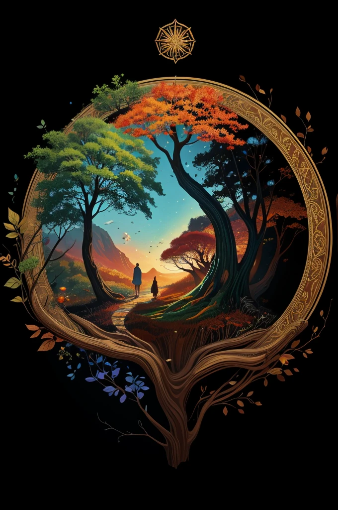 circular tree,four seasons,spring,summer,autumn,winter,leaves,roots,branches,trunk,ornate border,decorative,digital illustration,artwork,movement,time,swirling background,dark background,vibrant colors,natural,life cycle,growth,change,nature,life,peace,harmony,spirituality,symbolism,digital art,illustration,painting,graphic design,art,design,digital media,online art,visual art,fine art,fantasy