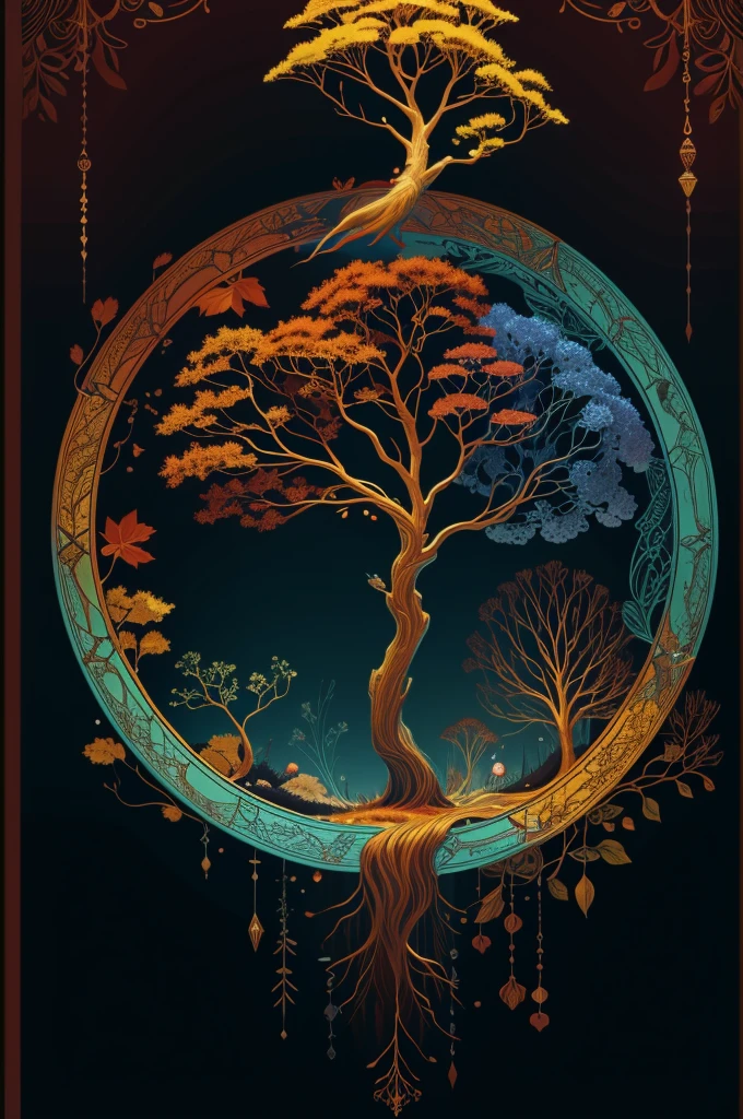 circular tree,four seasons,spring,summer,autumn,winter,leaves,roots,branches,trunk,ornate border,decorative,digital illustration,artwork,movement,time,swirling background,dark background,vibrant colors,natural,life cycle,growth,change,nature,life,peace,harmony,spirituality,symbolism,digital art,illustration,painting,graphic design,art,design,digital media,online art,visual art,fine art,fantasy