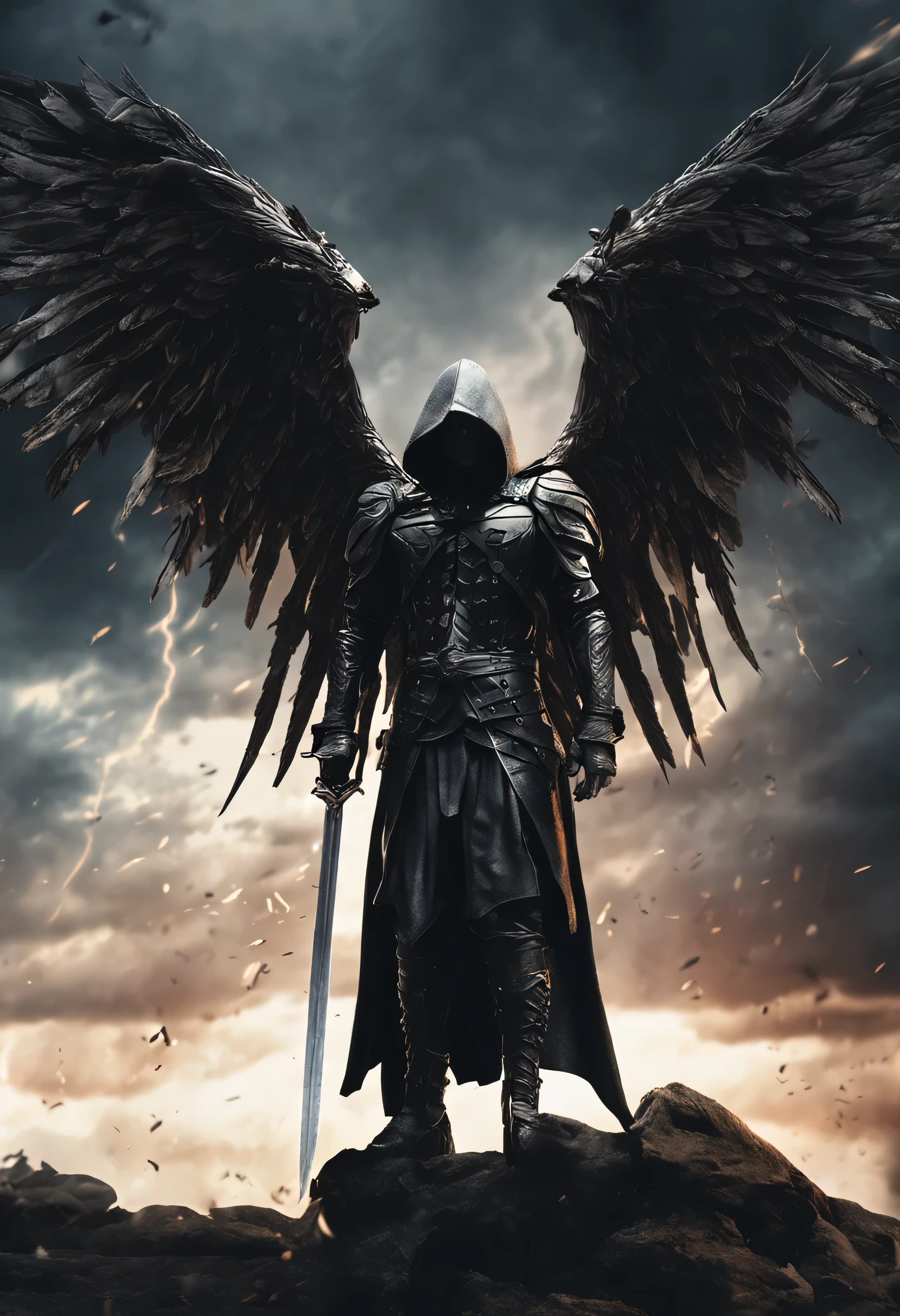 Realistic, 4K, Angels with big wings, Black clothes, one sword, Hood on head in war background image (chaos)