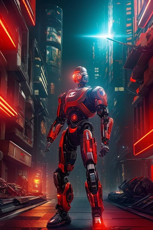 ((best quality)), ((artwork)), (detailded), A cyborg robot with a bionic eye glowing in shades of red and orange, with the left arm being a lethal weapon, and his right arm being a normal robotic arm, but fortified, in the background of a futuristic city while showing holograms of wanted posters with a high reward with the face of our cyborg
