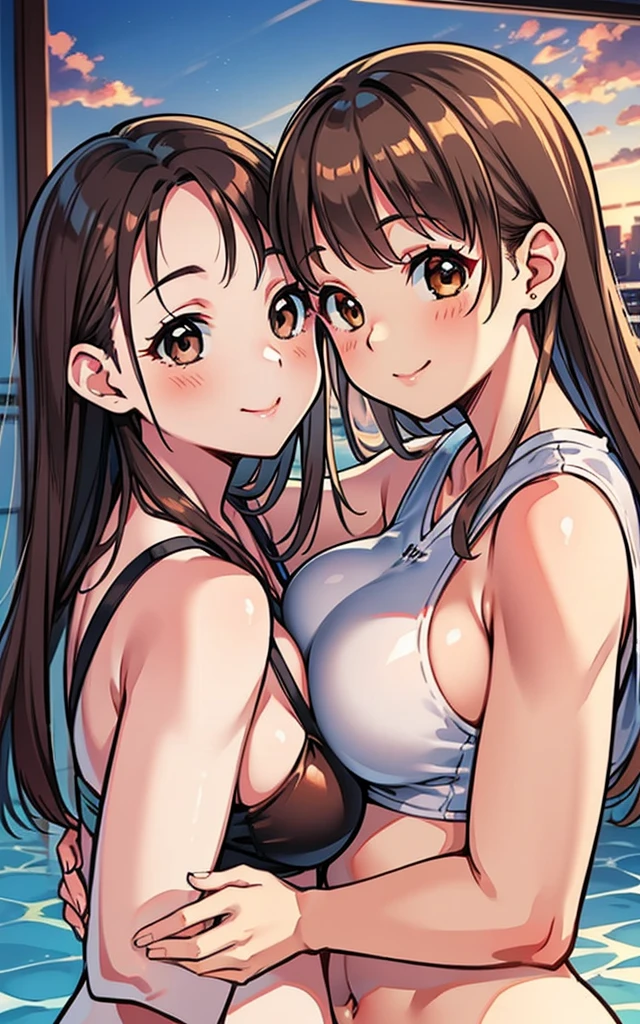  close up, From below, top quality, masterpiece, 16 K, High resolution, close up, 2 girls in, blush, beautiful hair of light brown color, beautiful brown eyes, swim wears, plump breasts, Japanese idol, Smile, Sunset Classroom, They are hugging each other,