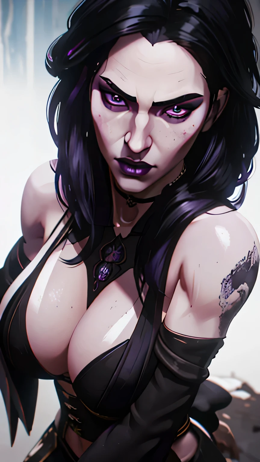 ((a close up of a yennefer with black hair and purple eyes)), beautiful character painting, massive perfect breast, muscular body,guweiz, artwork in the style of guweiz, white haired deity, by Yang J, epic exquisite character art, stunning character art,((dark gothic style))