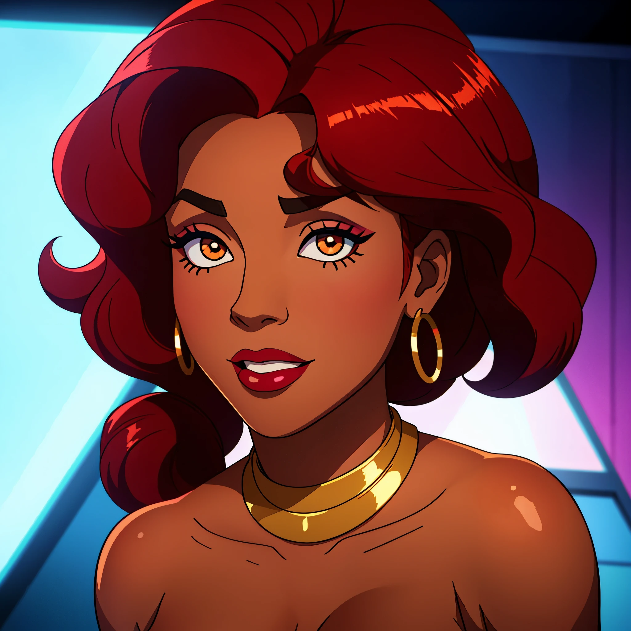 Create a close-up face portrait of a fictional 1970s African-American female R&B superstar named Ruby Roux. She has vibrant red curly hair, expressive brown eyes, and a radiant smile. Ruby wears bold makeup typical of the 1970s, including dramatic eyeliner and red lipstick. She is adorned with large hoop earrings and a glittery outfit that reflects the flashy style of the era. The background should feature a blurred colorful stage with vintage lights, adding to the retro and glamorous atmosphere. cinematic action, cinematic lighting, backlighting, masterpiece, anatomically correct, textured skin, super detail, 8k atmospheric perspective, depth of field,