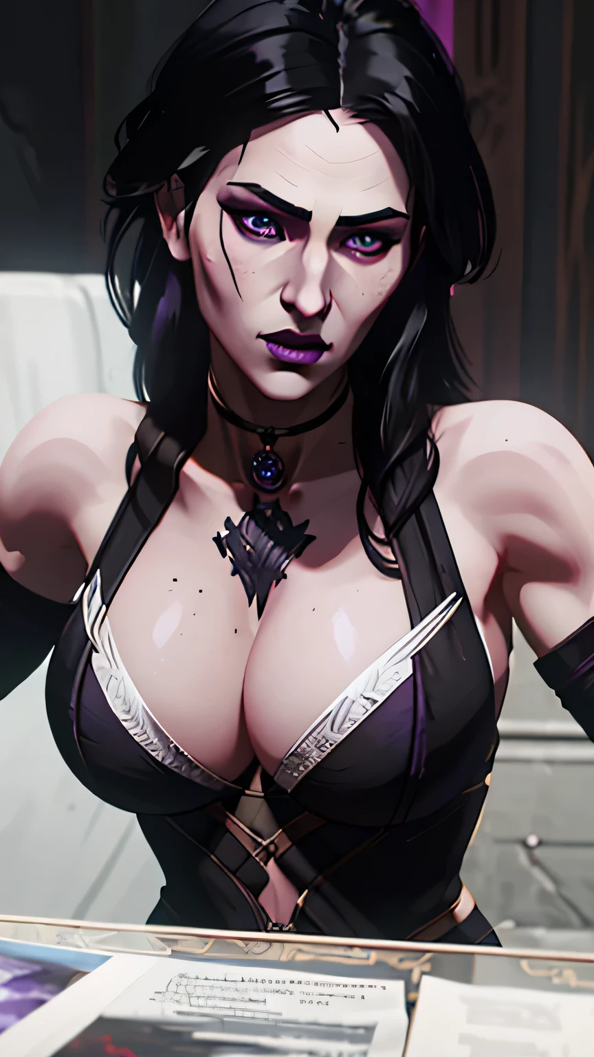 ((a close up of a yennefer with black hair and purple eyes)), beautiful character painting, massive perfect breast, muscular body,guweiz, artwork in the style of guweiz, white haired deity, by Yang J, epic exquisite character art, stunning character art,((dark gothic style))