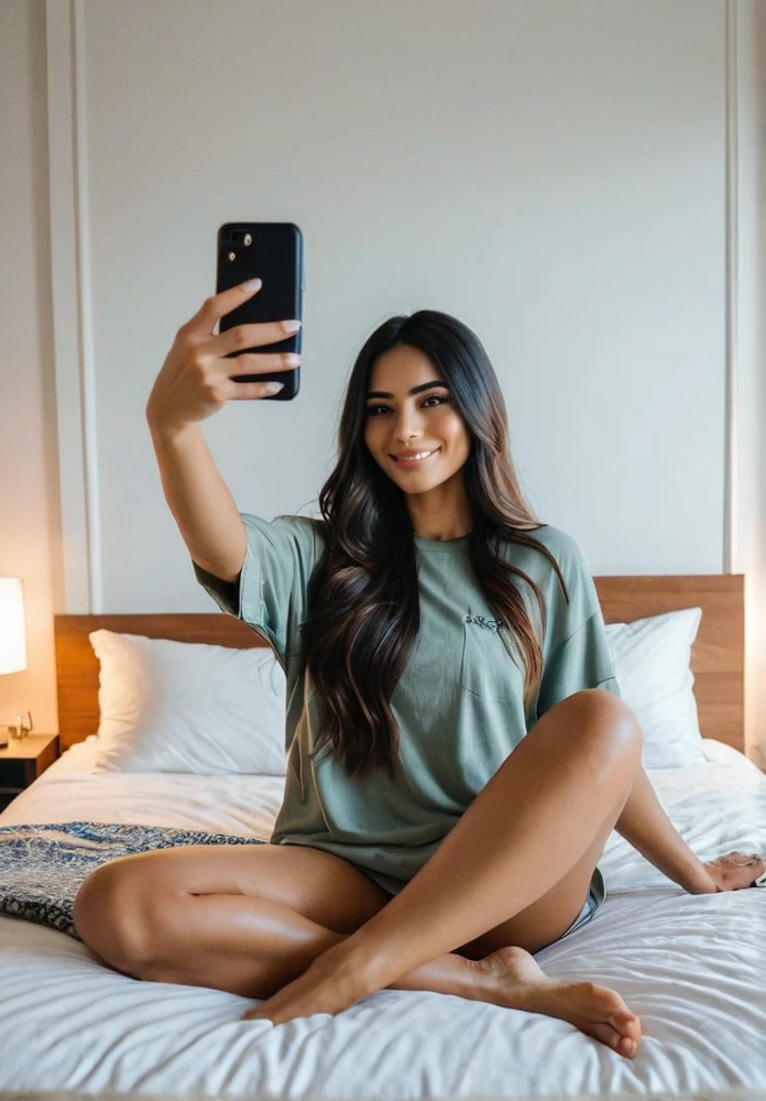 A Latina woman with long dark hair, dressed casually, is taking a selfie while sitting on her bed in a bedroom. The room is cozy and intimate, with soft lighting, decorative pillows, and a stylish bedspread. She has a poised, beautiful body with thick legs and a curvy appearance. Her figure is stacked, and she has a gorgeous face with minimal, natural makeup. She is smiling naturally for the selfie, exuding confidence and warmth as she captures the moment on her phone. Ensure that there are no visual bugs or distortions on her hands, feet, or any part of her body. The atmosphere is relaxed and inviting, capturing the comfort and intimacy of a private bedroom.”