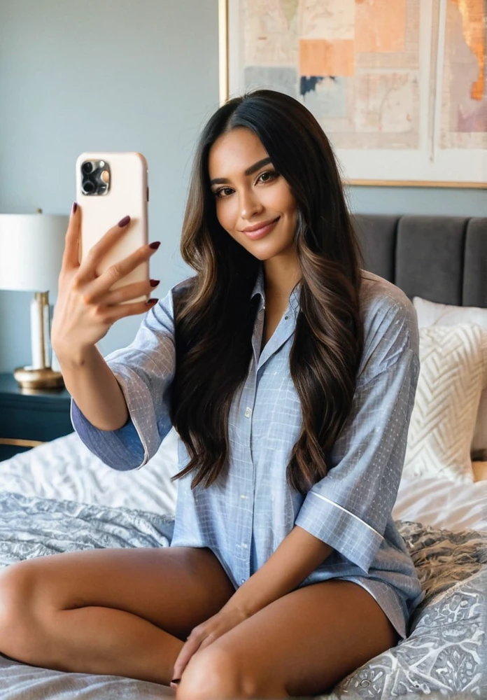 A Latina woman with long dark hair, dressed casually, is taking a selfie while sitting on her bed in a bedroom. The room is cozy and intimate, with soft lighting, decorative pillows, and a stylish bedspread. She has a poised, beautiful body with thick legs and a curvy appearance. Her figure is stacked, and she has a gorgeous face with minimal, natural makeup. She is smiling naturally for the selfie, exuding confidence and warmth as she captures the moment on her phone. Ensure that there are no visual bugs or distortions on her hands, feet, or any part of her body. The atmosphere is relaxed and inviting, capturing the comfort and intimacy of a private bedroom.”