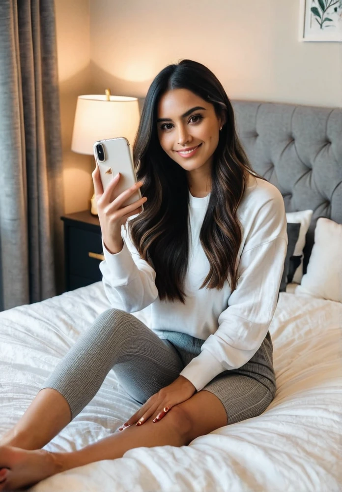A Latina woman with long dark hair, dressed casually, is taking a selfie while sitting on her bed in a bedroom. The room is cozy and intimate, with soft lighting, decorative pillows, and a stylish bedspread. She has a poised, beautiful body with thick legs and a curvy appearance. Her figure is stacked, and she has a gorgeous face with minimal, natural makeup. She is smiling naturally for the selfie, exuding confidence and warmth as she captures the moment on her phone. Ensure that there are no visual bugs or distortions on her hands, feet, or any part of her body. The atmosphere is relaxed and inviting, capturing the comfort and intimacy of a private bedroom.”