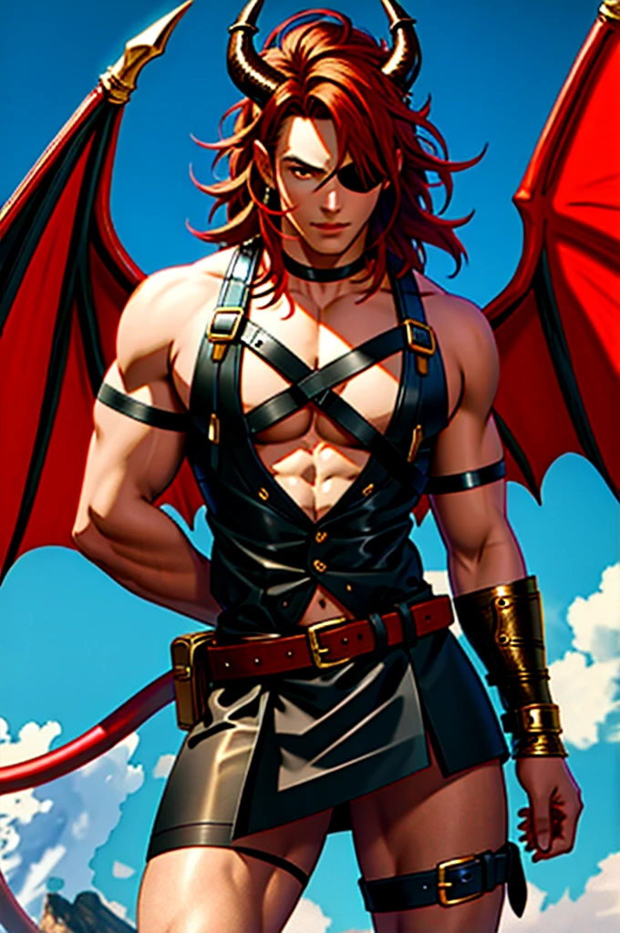 beste-Qualit, masterpiece, extra high resolution, Detailed, realisti, masculine, manly, brown Skin, demon, ((eye-patch over one eye)), A devil with horns that grow out of his forehead, brown skin, ((gold eye color)), right arm in full metal armor, ((crimson)) hair past shoulders, Devil's Tail with ((large dragon wings)), in full height, (((wearing leather straps crisscross across bare chest))), wearing ((long)) skirt over hips and legs, slit in skirt, fantasy, Egyptian theme, inhabitant, D&D, Horror \(subject\), Dark Fantasy, Depth of field, non-human,(Ultra-detailed:1.3), Finely detailed, Ultra-detailed, (dynamicpose:1.0),(centered, scale to fit the dimensions, the rule of thirds), hight resolution, sharp-focus,(Ultra Detailed, Extremely detailed),(Photorealistic works of art:1.37),(extremely detailed CG unity 8k wallpaper),(((bright colours, A striking theme))),(Intricate),(Masterpiece),(Best Quality).