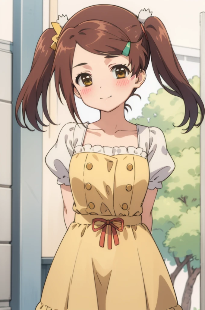 best quality, masterpiece, detailed,
Ako,
1girl, closed mouth, light smile, blush,
brown hair, brown eyes, long hair, twintails, hairclip,fake animal ears,
AkoNeko, orange dress, short sleeves, puffy sleeves, collarbone,
standing, arms behind back, looking at viewer,
shopping street