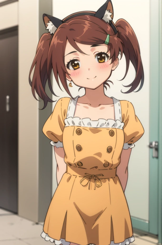 best quality, masterpiece, detailed,
Ako,
1girl, closed mouth, light smile, blush,
brown hair, brown eyes, long hair, twintails, hairclip,fake animal ears,
AkoNeko, orange dress, short sleeves, puffy sleeves, collarbone,
standing, arms behind back, looking at viewer,
shopping street