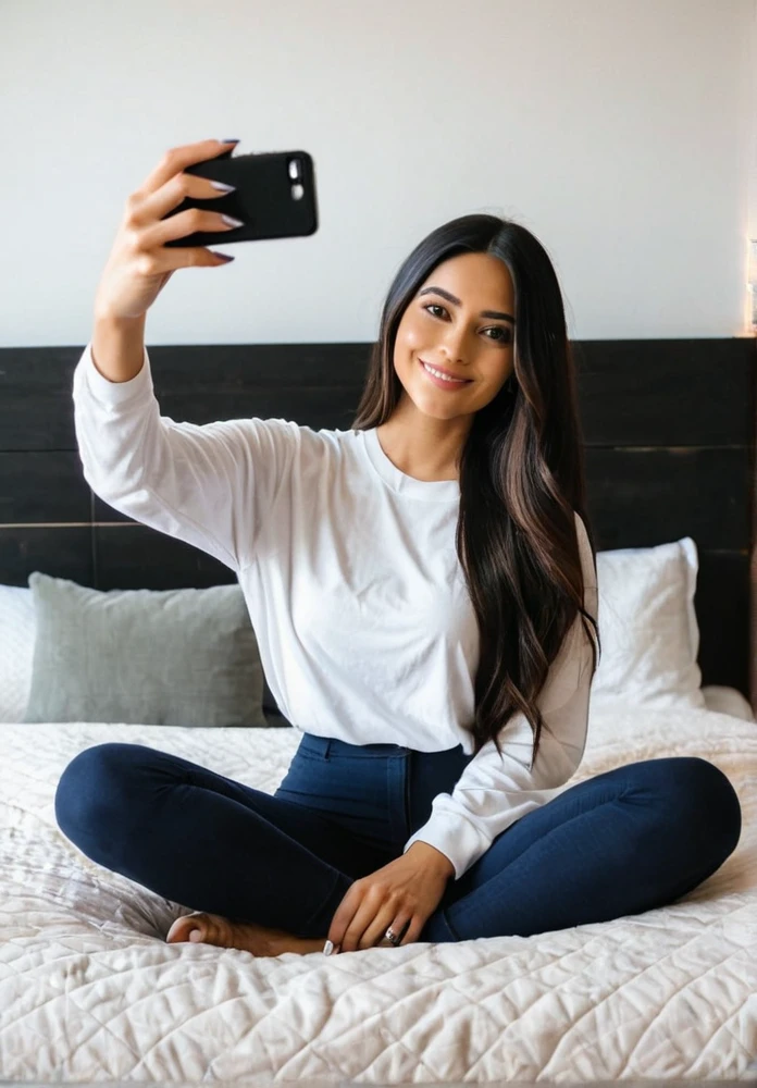 A Latina woman with long dark hair, dressed casually, is taking a selfie while sitting on her bed in a bedroom. The room is cozy and intimate, with soft lighting, decorative pillows, and a stylish bedspread. She has a poised, beautiful body with thick legs and a curvy appearance. Her figure is stacked, and she has a gorgeous face with minimal, natural makeup. She is smiling naturally for the selfie, exuding confidence and warmth as she captures the moment on her phone. Ensure that there are no visual bugs or distortions on her hands, feet, or any part of her body. The atmosphere is relaxed and inviting, capturing the comfort and intimacy of a private bedroom.”