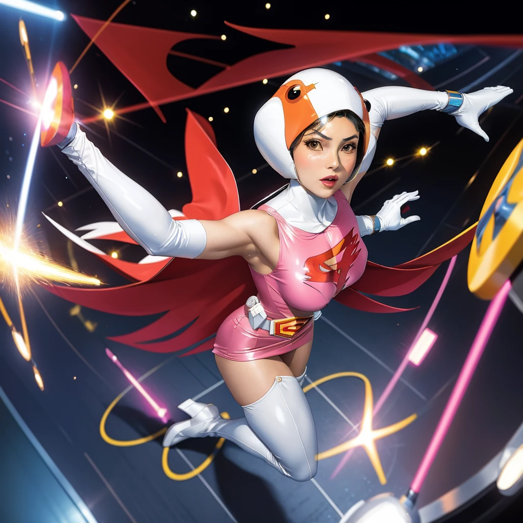 ANI_CLASSIC_jun_gatchaman_ownwaifu,1girl, 15yo,good anatomy, masterpiece, best quality,realistic, hyper realistic, 16k hdr, long hair,breasts,lips,large breasts,lipstick,makeup,gloves,cape,helmet,belt,elbow gloves,white gloves,mask,ultra miniskirt,leotard,spacesuit,white tight overknee highheels boots,pink dress,superhero,bodysuit,cleavage,erected nipples,(fighting poses),cameltoe