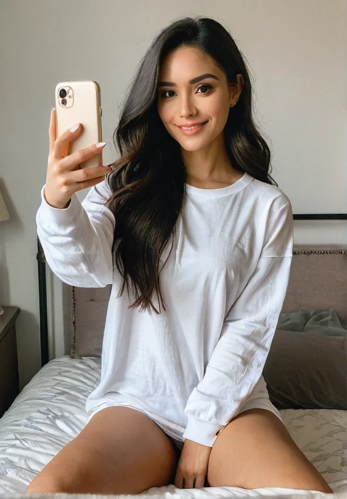 A Latina woman with long dark hair, dressed casually, is taking a selfie while sitting on her bed in a bedroom. The room is cozy and intimate, with soft lighting, decorative pillows, and a stylish bedspread. She has a poised, beautiful body with thick legs and a curvy appearance. Her figure is stacked, and she has a gorgeous face with minimal, natural makeup. She is smiling naturally for the selfie, exuding confidence and warmth as she captures the moment on her phone. Ensure that there are no visual bugs or distortions on her hands, feet, or any part of her body. The atmosphere is relaxed and inviting, capturing the comfort and intimacy of a private bedroom.”