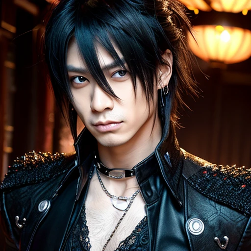 1 japanese male rocker, asien eyes, Visual Kai hairstyle, ultra detailed face and body, hyperrealistic, realistic representation, muscular, broad shoulders, tattoos gothic style, piercings, Visual Kei style, hairstyle Visual Kei, blond, 40 years old, age 40 outfit gothic streampunk, men's shirt and black pants, Asian eyes, eyes Asian, long hair, long hair