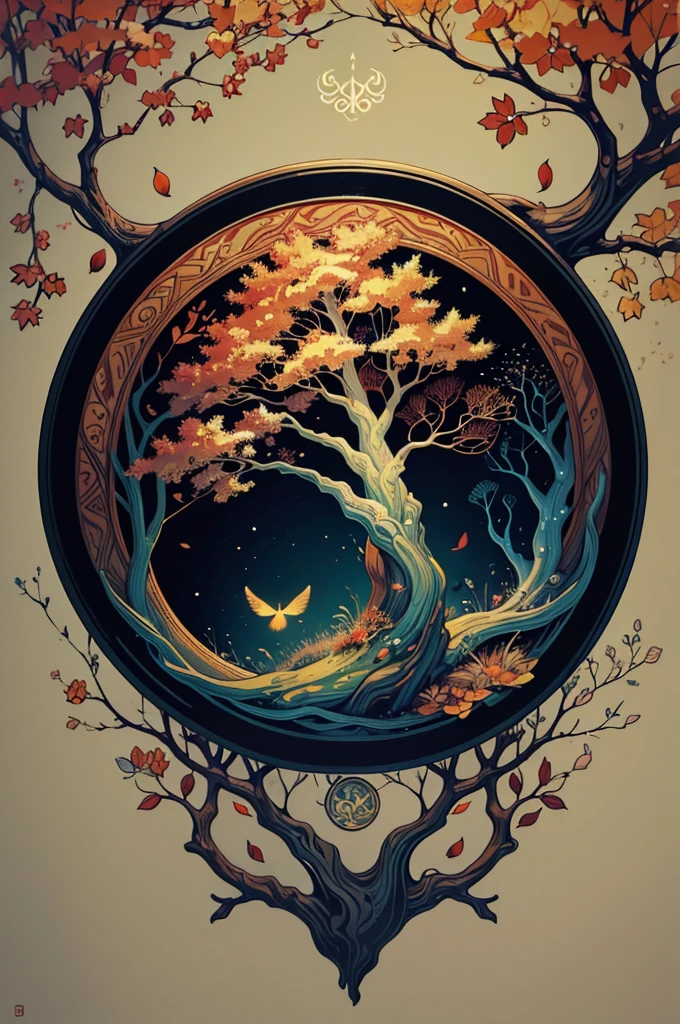 circular tree,four seasons,spring,summer,autumn,winter,leaves,roots,branches,trunk,ornate border,decorative,digital illustration,artwork,movement,time,swirling background,dark background,vibrant colors,natural,life cycle,growth,change,nature,life,peace,harmony,spirituality,symbolism,digital art,illustration,painting,graphic design,art,design,digital media,online art,visual art,fine art,fantasy