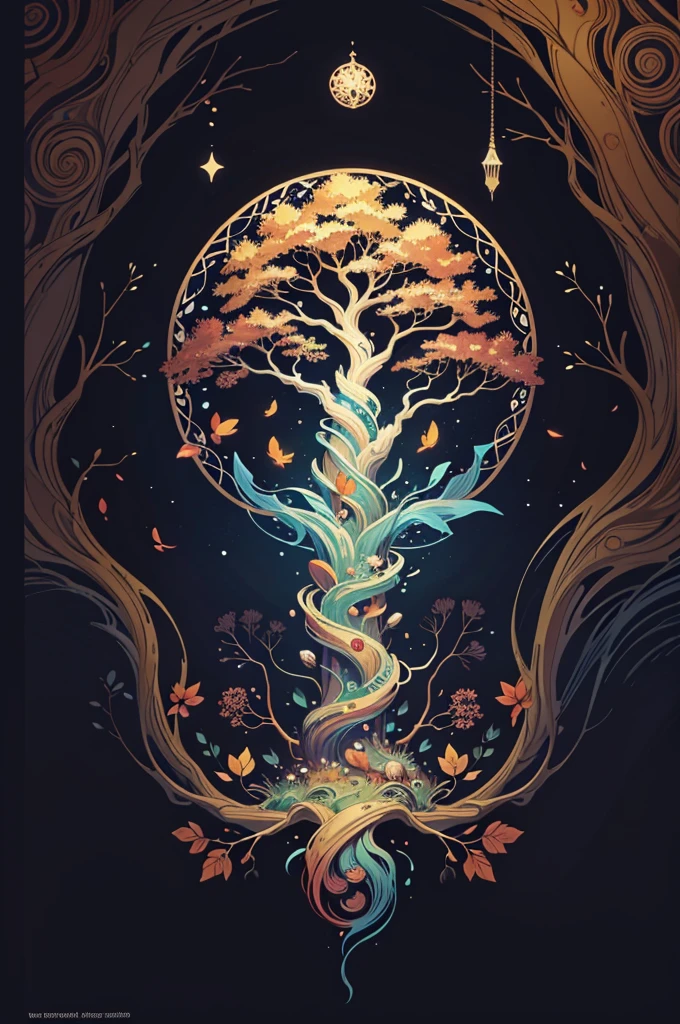circular tree,four seasons,spring,summer,autumn,winter,leaves,roots,branches,trunk,ornate border,decorative,digital illustration,artwork,movement,time,swirling background,dark background,vibrant colors,natural,life cycle,growth,change,nature,life,peace,harmony,spirituality,symbolism,digital art,illustration,painting,graphic design,art,design,digital media,online art,visual art,fine art,fantasy