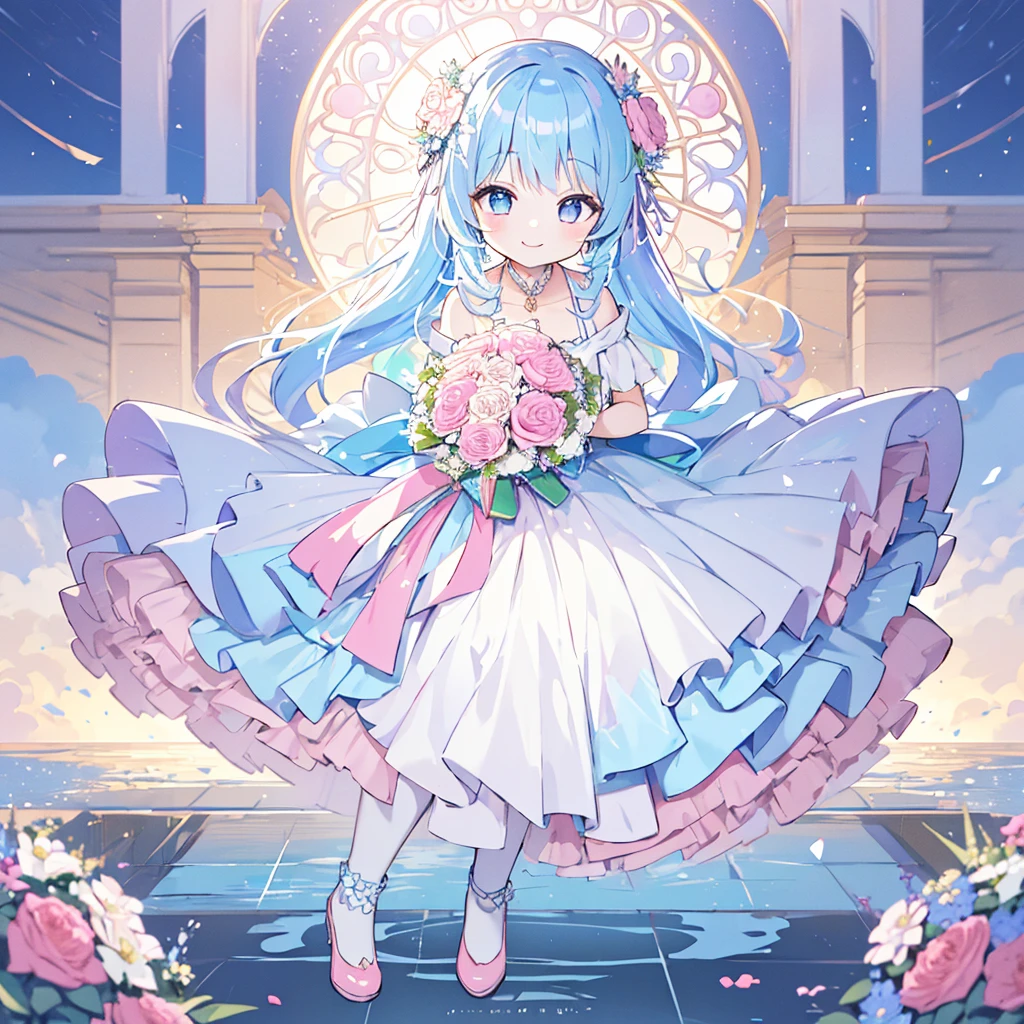 absurd, highest resolution, (animation style:1.1), ((table top)), ((best quality)), (very detailed), (beautiful), solo, beautiful face、(raise),、girl wearing cute flower dress、주변은 beautiful 꽃밭입니다..、Pink pastel color and blue colorful hair with pastel color inside, colorful eyes,looking at viewer,lens flare,dramatic, coastal、(Lift skirt:1.3)、(Hand over the bouquet with a smile.:1.5)、(Bouquet gift)、Full Body Sbian , kingdom of flowers