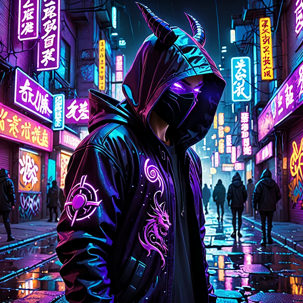 cyberpunk city,hooded figure,neon purple dragon emblem,dark hooded jacket,striking purple-neon dragon,outstretched arm,ancient demon mask,haunting glow,flickering neon signs,debris-strewn streets,surreal atmosphere,technology and magic,best quality,4k,8k,highres,masterpiece:1.2,ultra-detailed,realistic,photorealistic,photo-realistic:1.37,HDR,UHD,studio lighting,ultra-fine painting,sharp focus,physically-based rendering,extreme detail description,professional,vivid colors,bokeh,dark fantasy,graffiti,vibrant