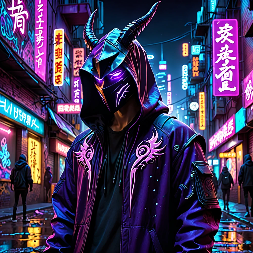 cyberpunk city,hooded figure,neon purple dragon emblem,dark hooded jacket,striking purple-neon dragon,outstretched arm,ancient demon mask,haunting glow,flickering neon signs,debris-strewn streets,surreal atmosphere,technology and magic,best quality,4k,8k,highres,masterpiece:1.2,ultra-detailed,realistic,photorealistic,photo-realistic:1.37,HDR,UHD,studio lighting,ultra-fine painting,sharp focus,physically-based rendering,extreme detail description,professional,vivid colors,bokeh,dark fantasy,graffiti,vibrant