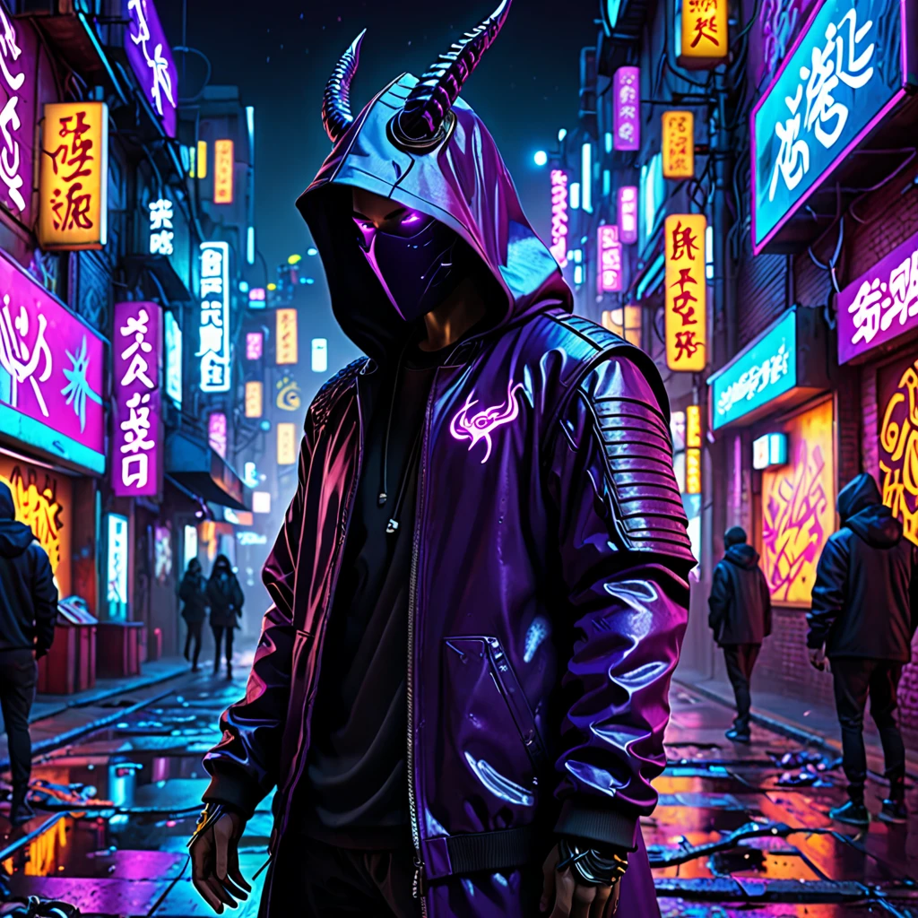 cyberpunk city,hooded figure,neon purple dragon emblem,dark hooded jacket,striking purple-neon dragon,outstretched arm,ancient demon mask,haunting glow,flickering neon signs,debris-strewn streets,surreal atmosphere,technology and magic,best quality,4k,8k,highres,masterpiece:1.2,ultra-detailed,realistic,photorealistic,photo-realistic:1.37,HDR,UHD,studio lighting,ultra-fine painting,sharp focus,physically-based rendering,extreme detail description,professional,vivid colors,bokeh,dark fantasy,graffiti,vibrant