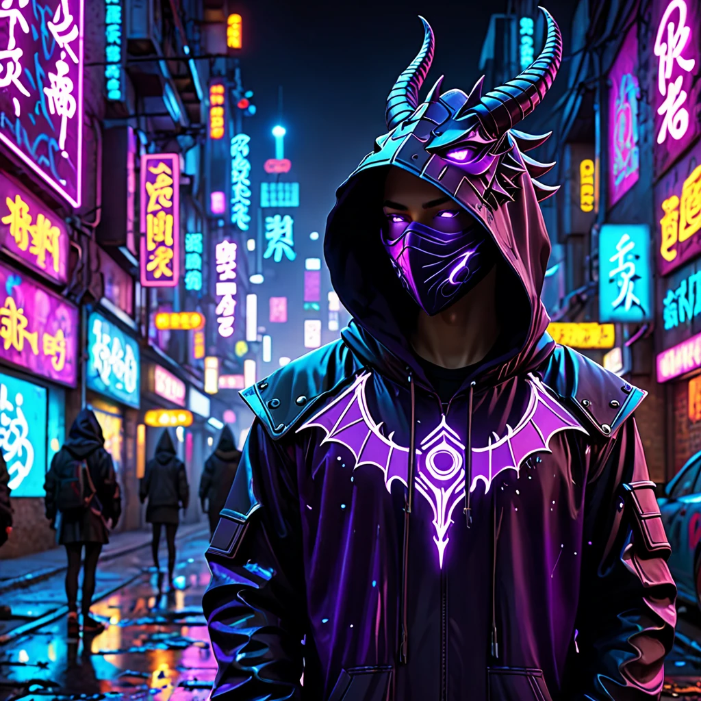 cyberpunk city,hooded figure,neon purple dragon emblem,dark hooded jacket,striking purple-neon dragon,outstretched arm,ancient demon mask,haunting glow,flickering neon signs,debris-strewn streets,surreal atmosphere,technology and magic,best quality,4k,8k,highres,masterpiece:1.2,ultra-detailed,realistic,photorealistic,photo-realistic:1.37,HDR,UHD,studio lighting,ultra-fine painting,sharp focus,physically-based rendering,extreme detail description,professional,vivid colors,bokeh,dark fantasy,graffiti,vibrant