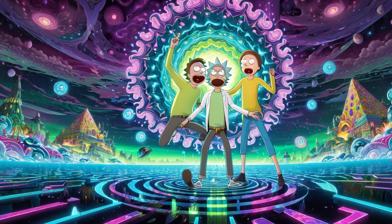 detailed portrait of Rick and Morty floating in a psychedelic fractal landscape, vibrant colorful swirling patterns, kaleidoscopic infinite abstract shapes, mesmerizing hypnotic visuals, glowing neon colors, dynamic lighting, cinematic composition, unreal dreamlike atmosphere, highly detailed, 8k, photorealistic, masterpiece