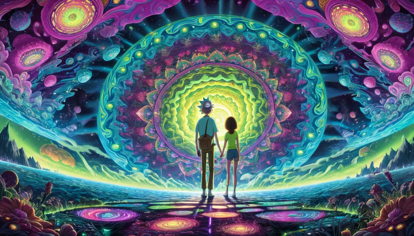 detailed portrait of Rick and Morty floating in a psychedelic fractal landscape, vibrant colorful swirling patterns, kaleidoscopic infinite abstract shapes, mesmerizing hypnotic visuals, glowing neon colors, dynamic lighting, cinematic composition, unreal dreamlike atmosphere, highly detailed, 8k, photorealistic, masterpiece