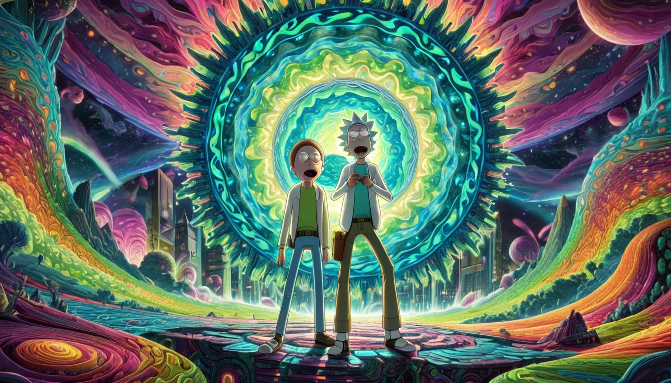 detailed portrait of Rick and Morty floating in a psychedelic fractal landscape, vibrant colorful swirling patterns, kaleidoscopic infinite abstract shapes, mesmerizing hypnotic visuals, glowing neon colors, dynamic lighting, cinematic composition, unreal dreamlike atmosphere, highly detailed, 8k, photorealistic, masterpiece
