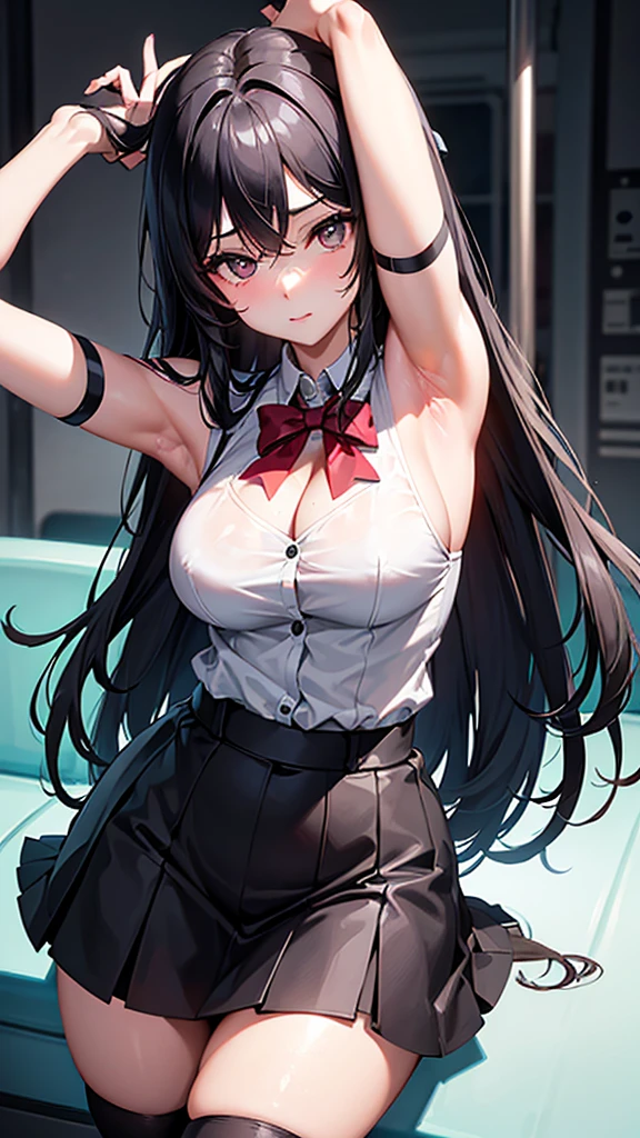 The best super busty、Black Hair、Cleavage、Miniskirt、Thighs、high resolution、Ultra HD、Knee socks、Absolute area、train、seat、Armpit、Close-up、Voyeur style、両Armpit上げ、No sleeve、Sexy、Long Hair、high school girl、、uniform