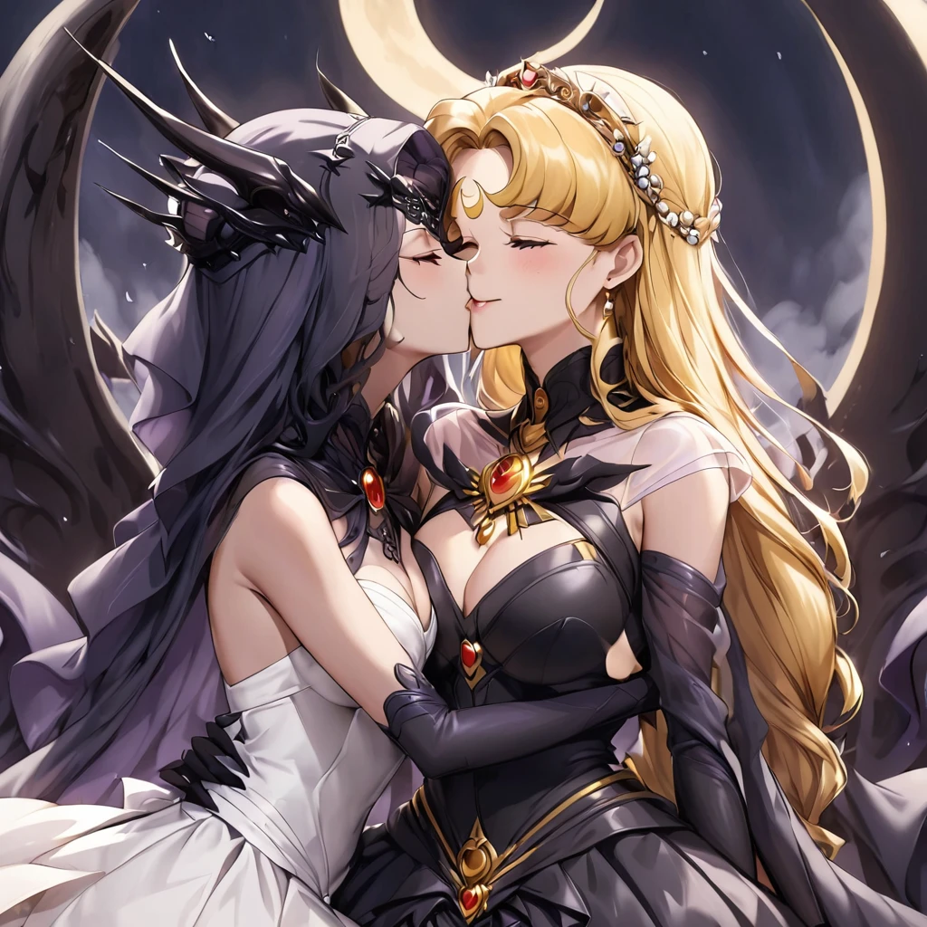 ((Highest quality)), ((masterpiece)), (detailed), (Perfect Face)、Woman is the Dark Bride、The man is a powerful demon king、The woman is Black Serenity, the noble dark queen of the Black Moon clan and has blonde hair.2The woman with long hair tied up is Princess Serenity、The woman and the strong and evil demon king embrace each other, kiss each other and get married.、The woman has a black inverted crescent moon mark on her forehead, a gorgeous and glittering black gothic Victorian dress, a black veil and a black see-through cape, and is wearing luxurious jeweled accessories. She is the Queen of Darkness, the jet-black Princess Serenity, looking at the camera with a happy expression, and has the expression of a maiden in love.、A woman and a strong, evil demon king man are embracing the dark bride woman, kissing her vows and getting married.、The man is a strong and evil demon king, and he embraces the woman, kisses her and gets married.、Men and women in love