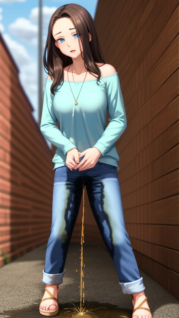 ((best quality, masterpiece, 8K)), (detailed), highly detailed face and skin texture, detailed eyes, downtown, full body, slender body, 1girl, 25 years old, white skin, blue eyes, worried, embarrassed, long hair, (forehead), stylish top, denim pants, blue jeans, footwear, peeing jeans, peeing pants, pee stain, (wetting herself), desperation,