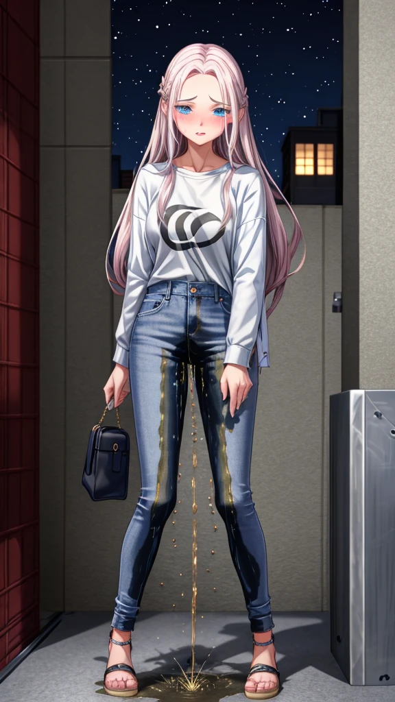 ((best quality, masterpiece, 8K)), (detailed), highly detailed face and skin texture, detailed eyes, downtown, full body, slender body, 1girl, 25 years old, white skin, blue eyes, worried, embarrassed, long hair, (forehead), stylish top, denim pants, blue jeans, footwear, peeing jeans, peeing pants, pee stain, (wetting herself), desperation,