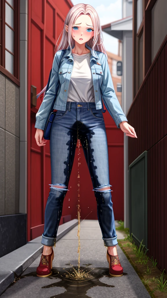 ((best quality, masterpiece, 8K)), (detailed), highly detailed face and skin texture, detailed eyes, downtown, full body, slender body, 1girl, 25 years old, white skin, blue eyes, worried, embarrassed, long hair, (forehead), stylish top, denim pants, blue jeans, footwear, peeing jeans, peeing pants, pee stain, (wetting herself), desperation,