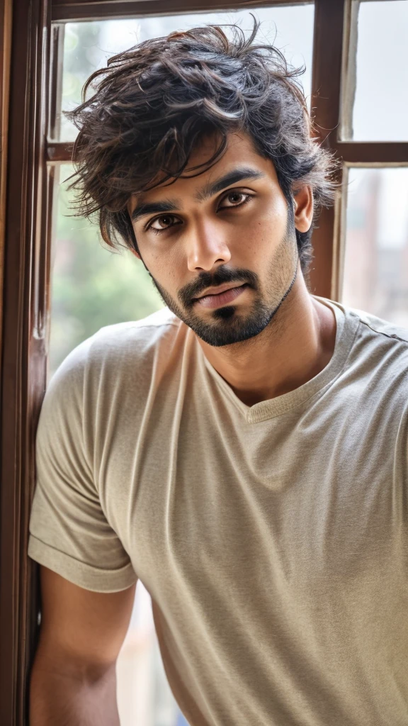 A base model of a handsome indian man , looking at the camera, sad expression, window, t shirt , messy hair , detailed eyes, detailed face, detailed background, masterpiece