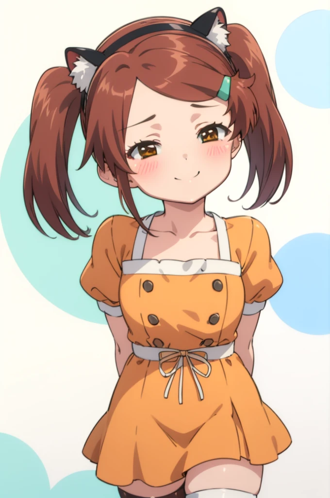 best quality, masterpiece, detailed,
Ako,
1girl, closed mouth, light smile, blush,
brown hair, brown eyes, long hair, twintails, hairclip,fake animal ears,
AkoNeko, orange dress, short sleeves, puffy sleeves, collarbone,
, arms behind back, looking at viewer,thighhighs