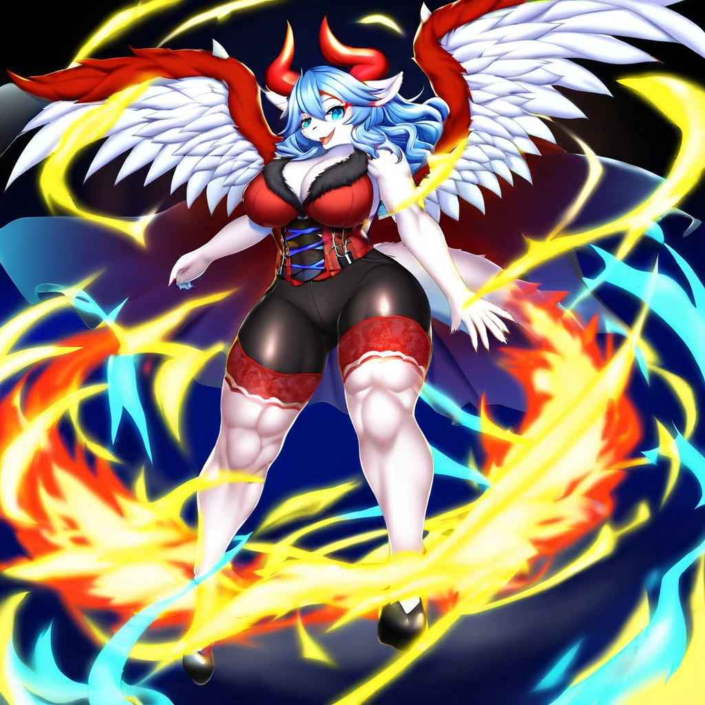 furry kemono commission style, a kemono dragon goddess with red horns and long white wavy hair, beautiful detailed eyes, beautiful detailed lips, extremely detailed face, blue eyes, happy expression, dressed in blue and red casual style, white wings of dragon on back, muscular and curvy figure, full body shot, semi-realistic, 8k, hyper-detailed, intricate details, dynamic pose, vibrant colors, dramatic lighting, fantasy art, digital painting
