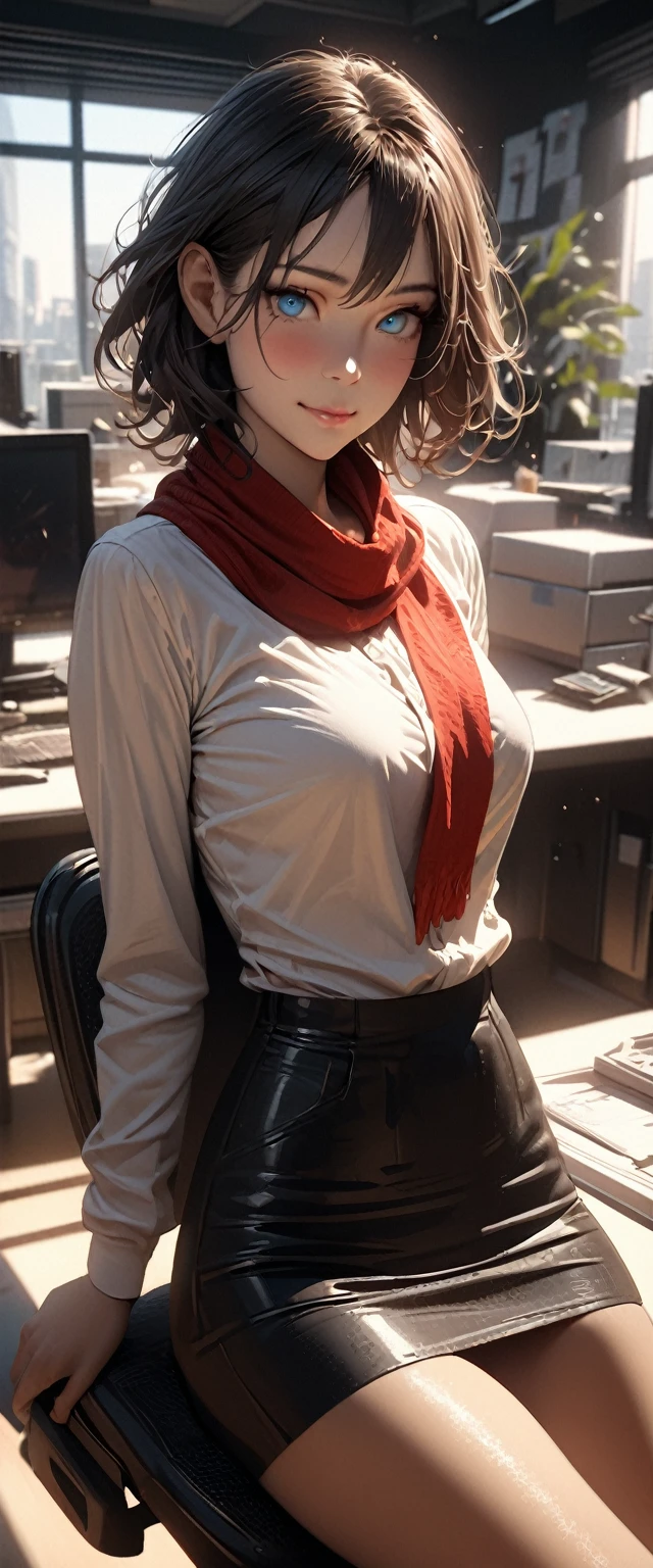 (raw, best quality, masterpiece:1.5), (Photorealistic, intricate details:1.2), ultra high definition, Ridiculous,
1 girl, pretty face, blue eyes, green eyes, Detailed eyes, symmetrical eyes, There is light on the face, nose blushing, short hair, bun, black headband, 
clock, Vest, suit, pencil miniskirt, White shirt, silk scarf, black pantyhose, [:20 days, :0.8],
Smile, Small dimples, Sexual innuendo, 
medium breasts, slim waist, thin legs, long legs,
sitting in chair in front of desk, Perfect body, good proportions,
looking at the audience, 
(office, indoor, hyper Detailed background:1.2), Japan, copier, File cabinets, , monitor,
shiny skin, Realistic skin texture, 
natural lighting, best lighting, Detailed background, Detailed shadows, sharp focus, Depth of field f/2,
Saturated, high contrast, strong light and shadow