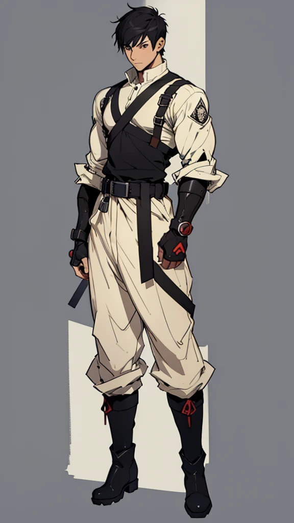 ((manga style,concept art)),young man with short black haircut , Hero Clothing , big boots