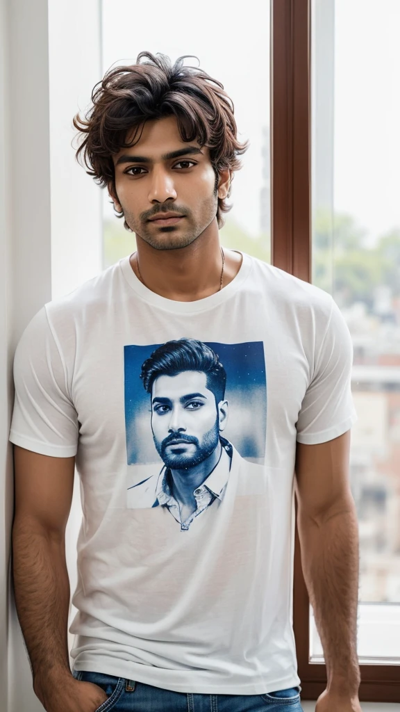 A base model of a handsome indian man , looking at the camera, sad expression, window, t shirt , messy hair , detailed eyes, detailed face, detailed background, masterpiece
