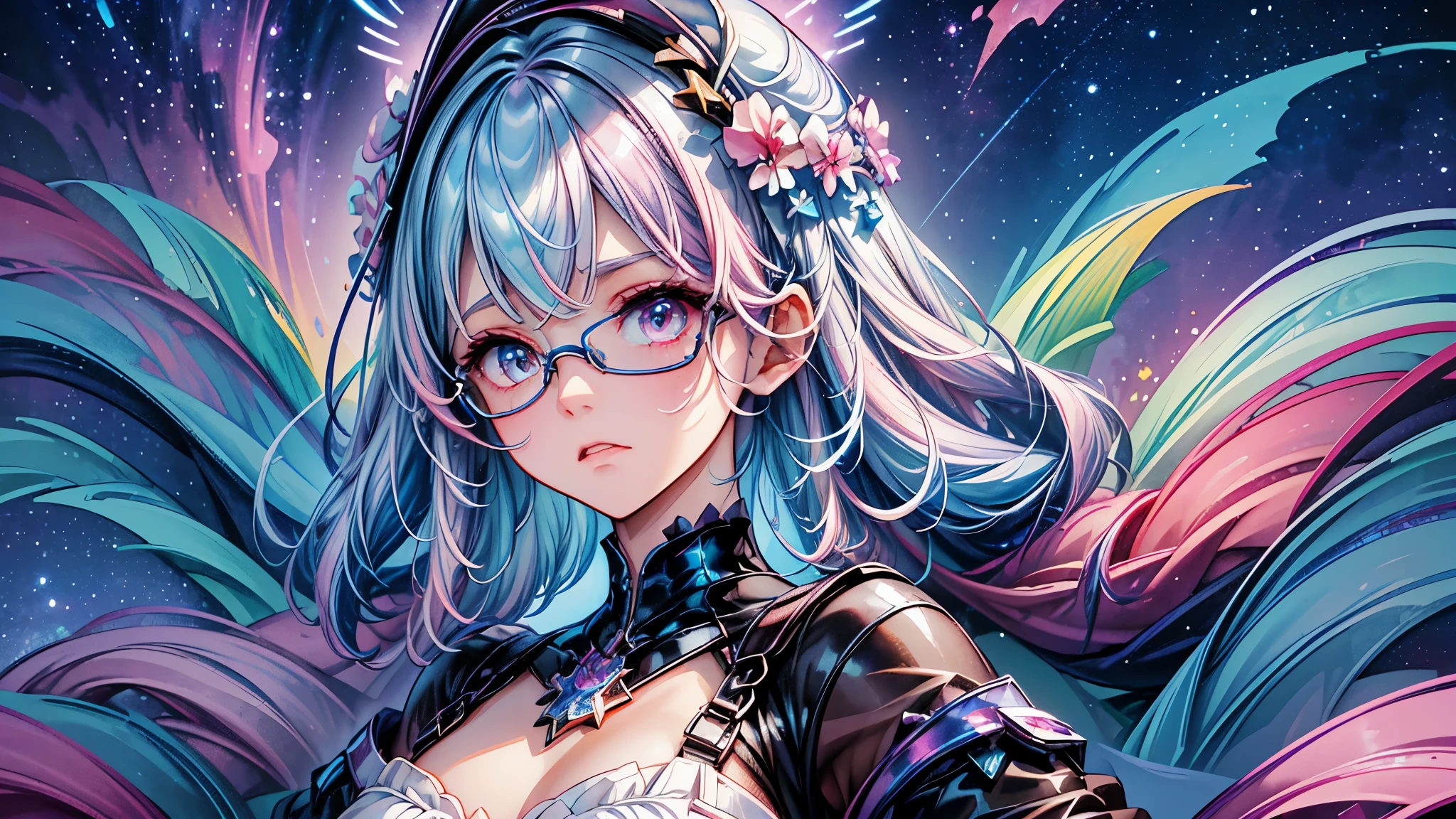 (Masterpiece ,、maximum quality、maximum quality、watercolor art(during)、Official Art、beautiful and aesthetic:1.2)、(1 girl:1.3)、(fractal art:1.3)、whole body、pupilas en forma de Star,、pattern、((Iridescent hair、colorful hair、half blue and half pink hair:1.2))、water、liquid、clouds、showy、noche Starda、Star、angry face、glasses、Write、heterochromia, (showy:1.5)、galaxiairando las Stars、anger