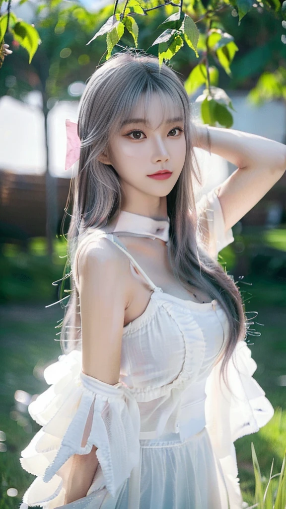 Korean fashion model 18 years old [[[[Close-up cleavage]]]], [[[[]]]], [[[[Cole]]]], [[[[bshoulder]]]], perfect eyes, perfect iris，perfect lips，perfect teeth，perfect skin，fair skin，Soft headlight，human development report，girl，casual，Chinese costume heroine，Chinese martial arts style，Chinese martial arts costumes，simple hairstyle，Smile，The background is the field，rivers，4K Ultra HD, ultra high resolution, (lifelike: 1.4), best quality，masterpiece，Ultra-diluted，（pastel colors：1.2），Super huge breasts，Cleavage
