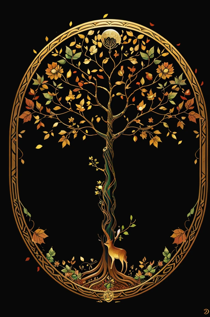 circular tree,four seasons,spring,summer,autumn,winter,leaves,roots,branches,trunk,ornate border,decorative,digital illustration,artwork,movement,time,swirling background,dark background,vibrant colors,natural,life cycle,growth,change,nature,life,peace,harmony,spirituality,symbolism,digital art,illustration,painting,graphic design,art,design,digital media,online art,visual art,fine art,fantasy