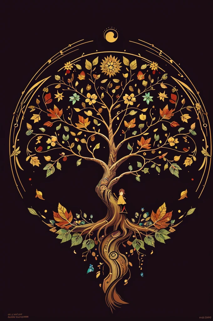 circular tree,four seasons,spring,summer,autumn,winter,leaves,roots,branches,trunk,ornate border,decorative,digital illustration,artwork,movement,time,swirling background,dark background,vibrant colors,natural,life cycle,growth,change,nature,life,peace,harmony,spirituality,symbolism,digital art,illustration,painting,graphic design,art,design,digital media,online art,visual art,fine art,fantasy
