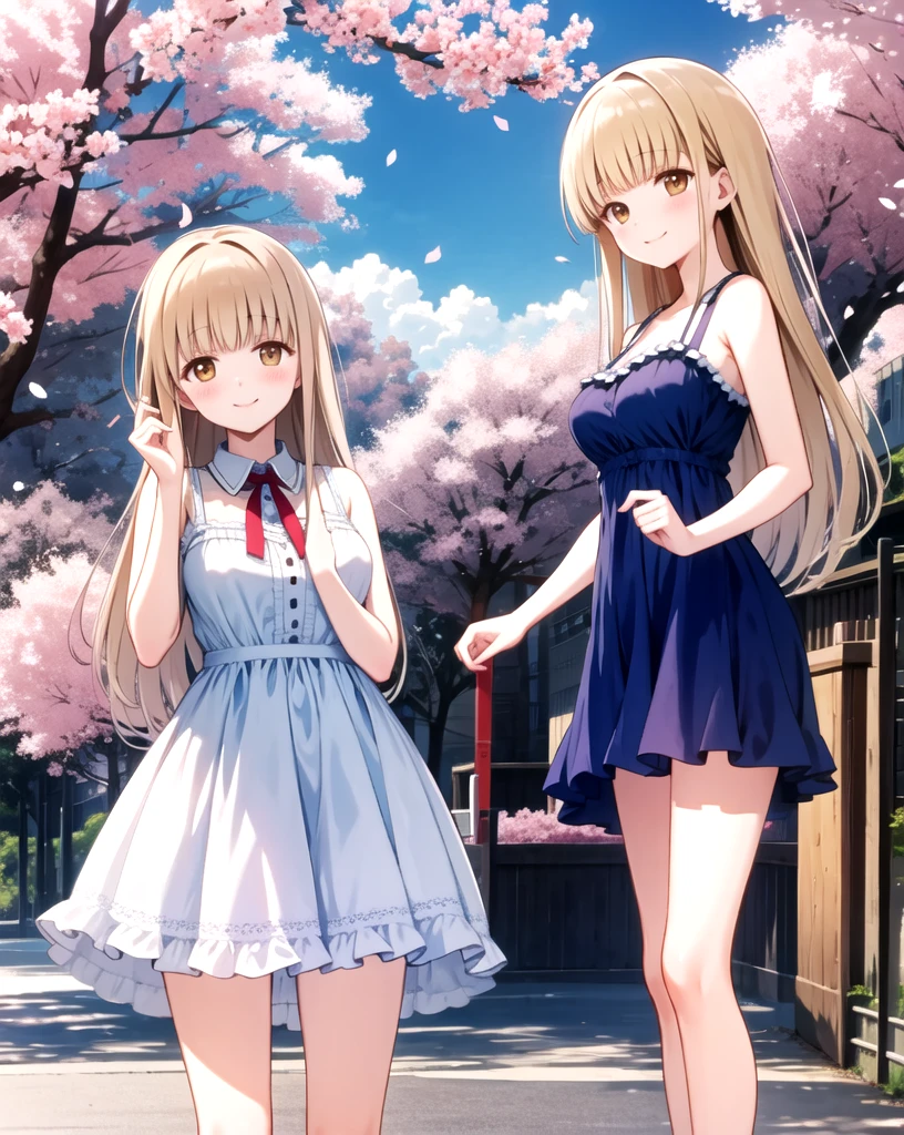 masterpiece, mahiru shiina, frilled dress, short dress, blue dress, park, neckline, cherry blossoms, outdoors, frilled dress, looking at viewer, smile, blush, standing, cowboy shot, long hair, medium breasts,
