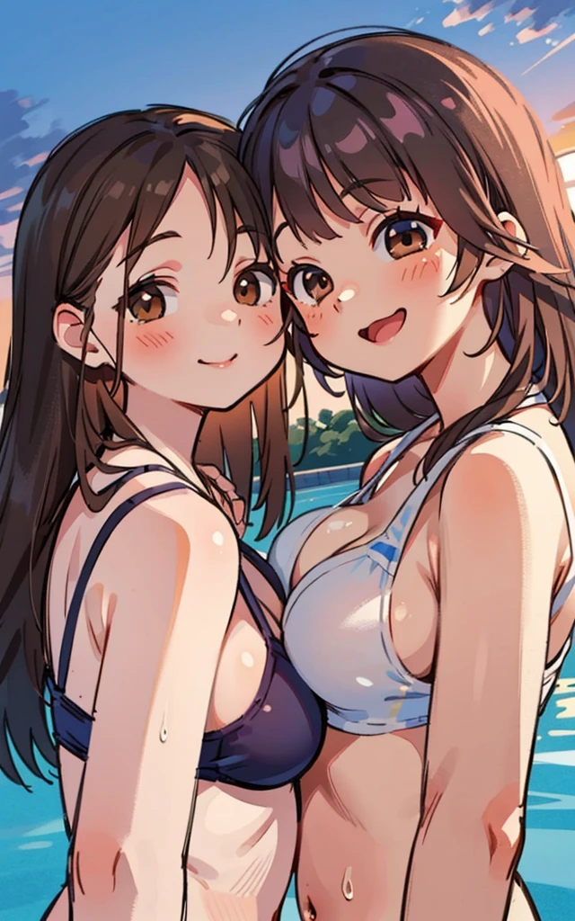 close up, From below, top quality, masterpiece, 16 K, High resolution, close up, 2 girls in, blush, beautiful hair of light brown color, beautiful brown eyes, swim wears, plump breasts, Japanese idol, Smile, Sunset Classroom, They are hugging each other,