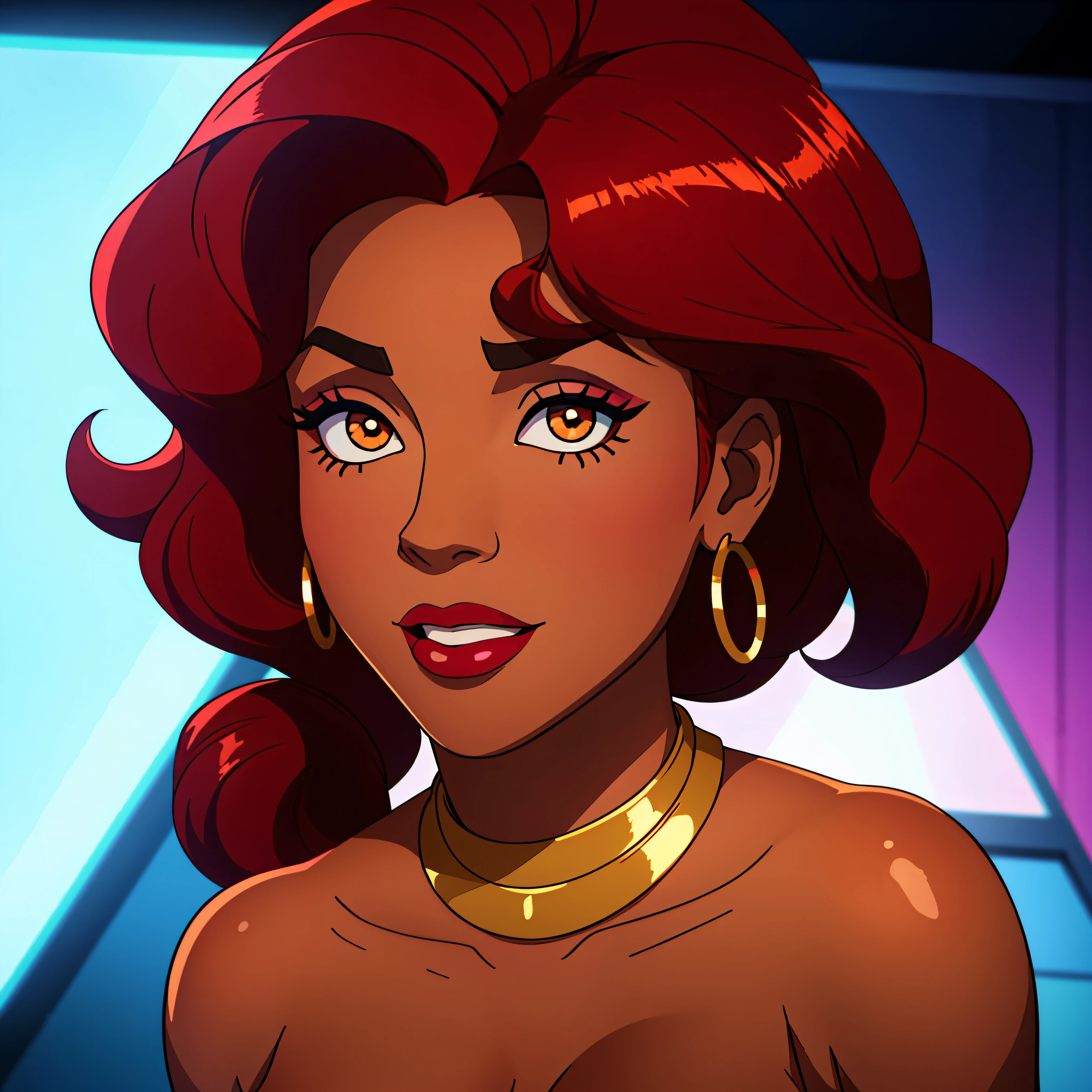 Create a close-up face portrait of a fictional 1970s African-American female R&B superstar named Ruby Roux. She has vibrant red curly hair, expressive brown eyes, and a radiant smile. Ruby wears bold makeup typical of the 1970s, including dramatic eyeliner and red lipstick. She is adorned with large hoop earrings and a glittery outfit that reflects the flashy style of the era. The background should feature a blurred colorful stage with vintage lights, adding to the retro and glamorous atmosphere. cinematic action, cinematic lighting, backlighting, masterpiece, anatomically correct, textured skin, super detail, 8k atmospheric perspective, depth of field,