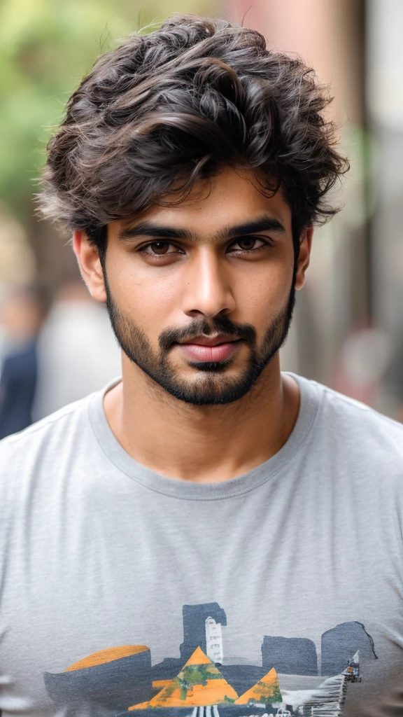 A base model of a handsome indian  man , looking at the camera, sad expression, , t shirt , messy hair , detailed eyes, detailed face, detailed background, masterpiece 