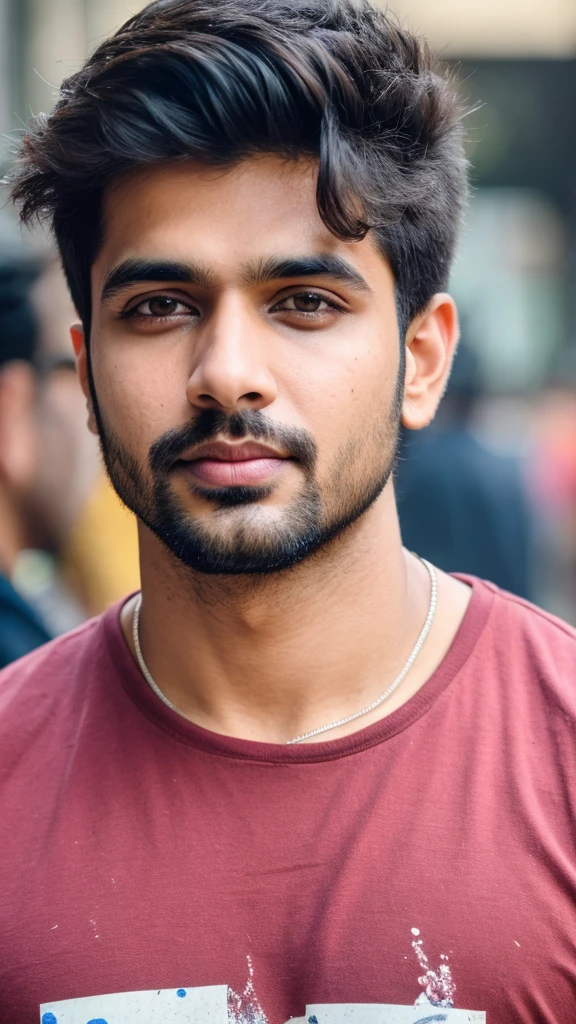 A base model of a handsome indian  man , looking at the camera, sad expression, , t shirt , messy hair , detailed eyes, detailed face, detailed background, masterpiece 