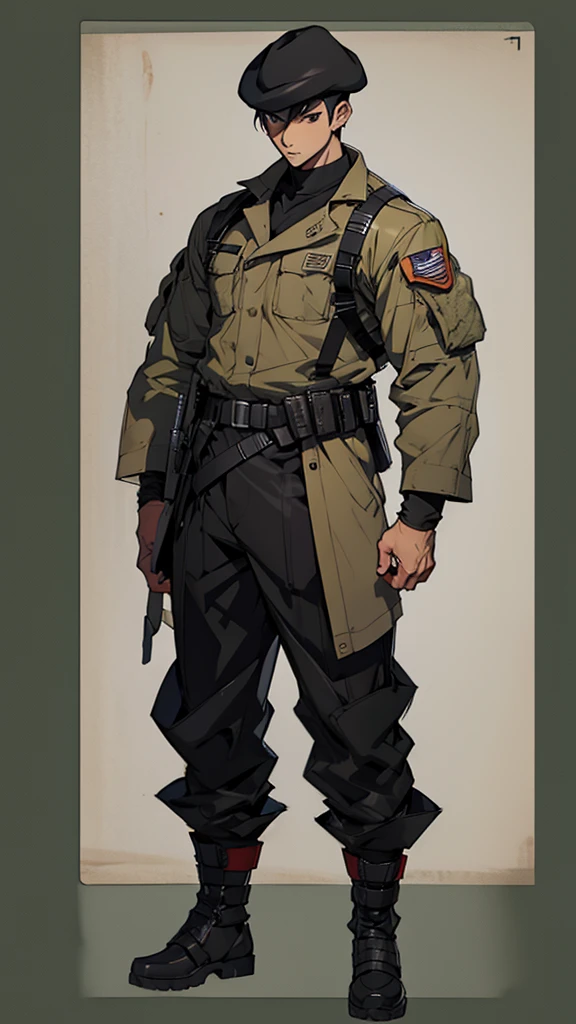 ((manga style,concept art)),young man with short black haircut ,Soldier hat , Soldier Clothing 